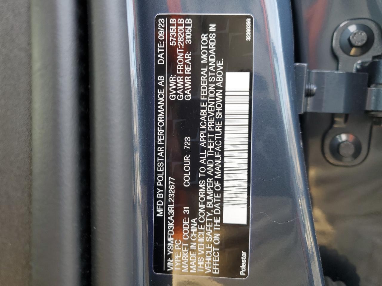 2024 POLESTAR 2 VIN:YSMFD3KA3RL232677