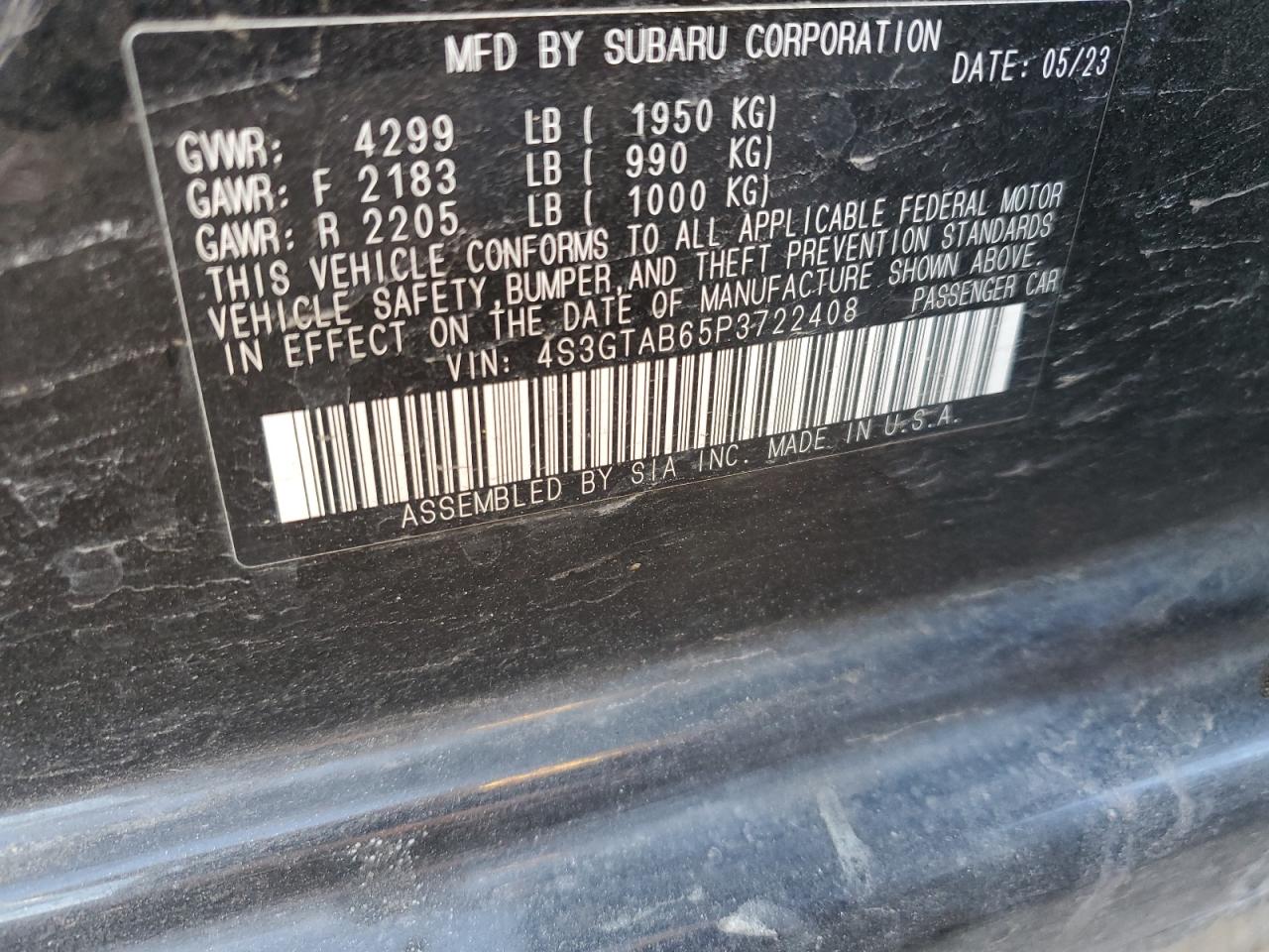 2023 SUBARU IMPREZA VIN:4S3GTAB65P3722408