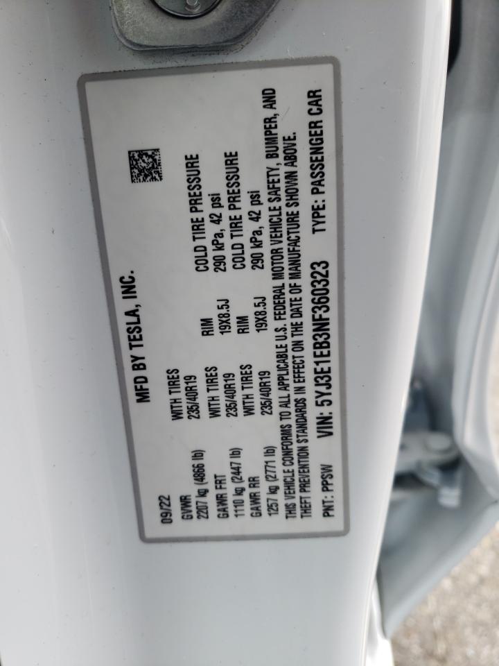 2022 TESLA MODEL 3 VIN:5YJ3E1EB3NF360323