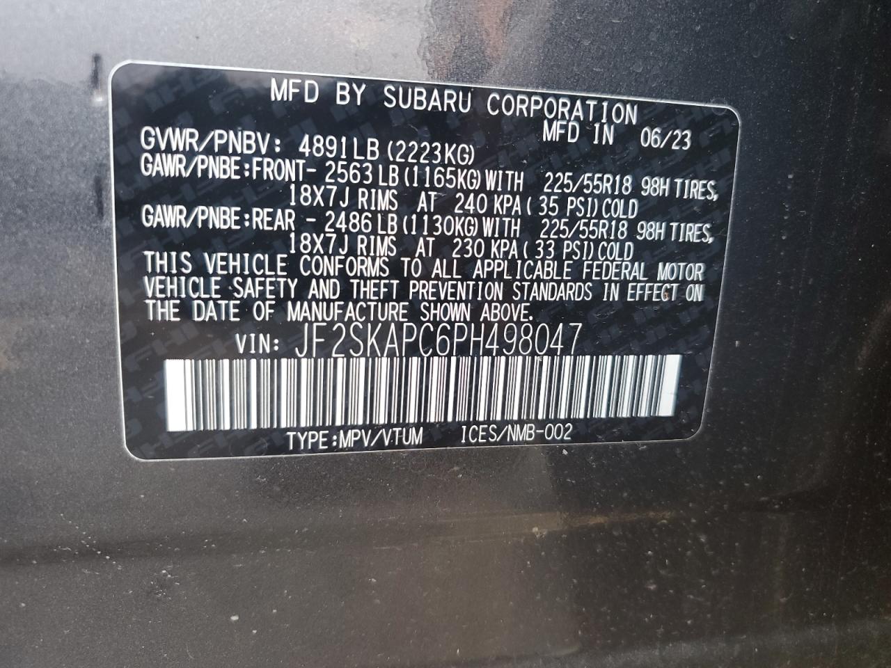 2023 SUBARU FORESTER LIMITED VIN:JF2SKAPC6PH498047