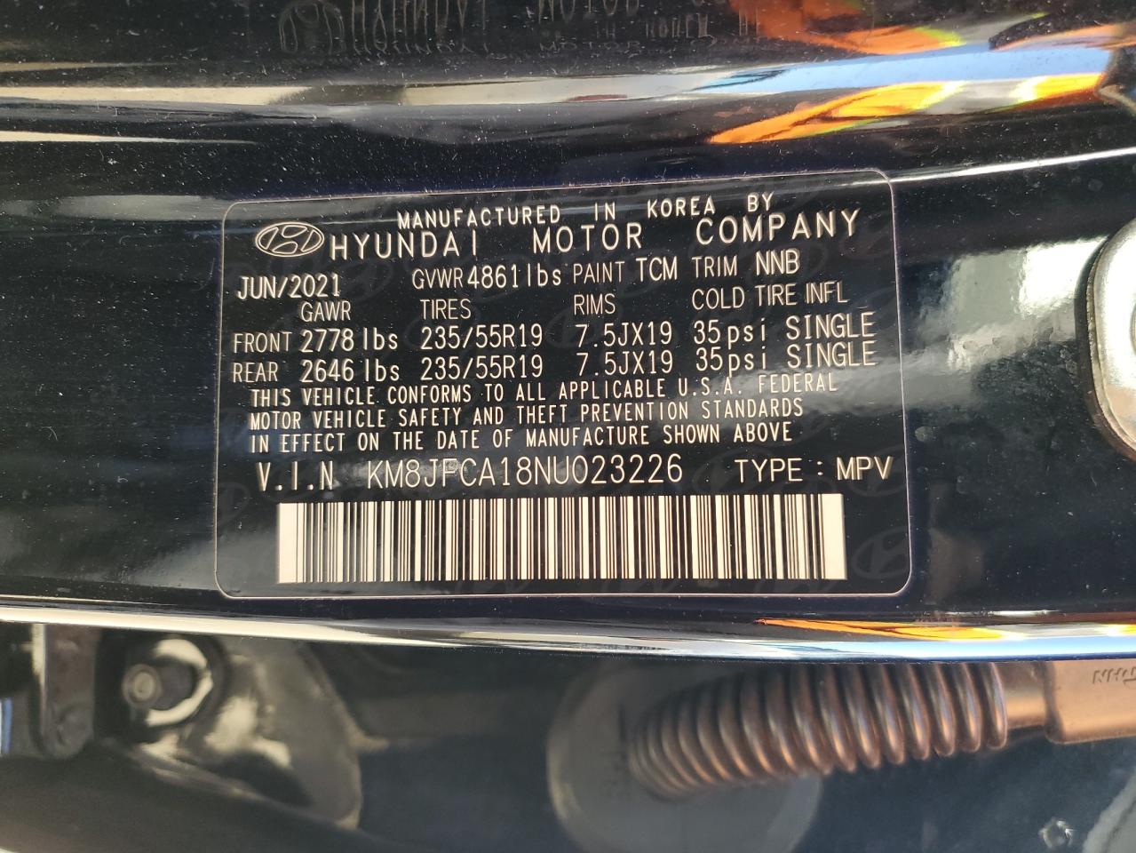 2022 HYUNDAI TUCSON SEL CONVENIENCE VIN:KM8JFCA18NU023226