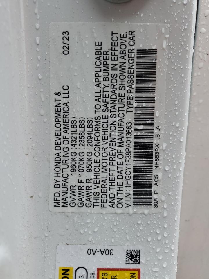 2023 HONDA ACCORD EX VIN:1HGCY1F38PA013663