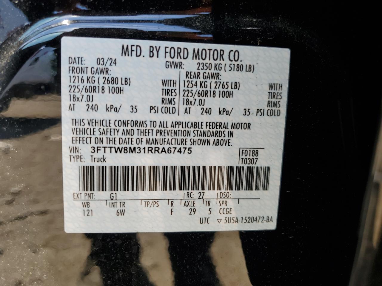 2024 FORD MAVERICK LARIAT VIN:3FTTW8M31RRA67475