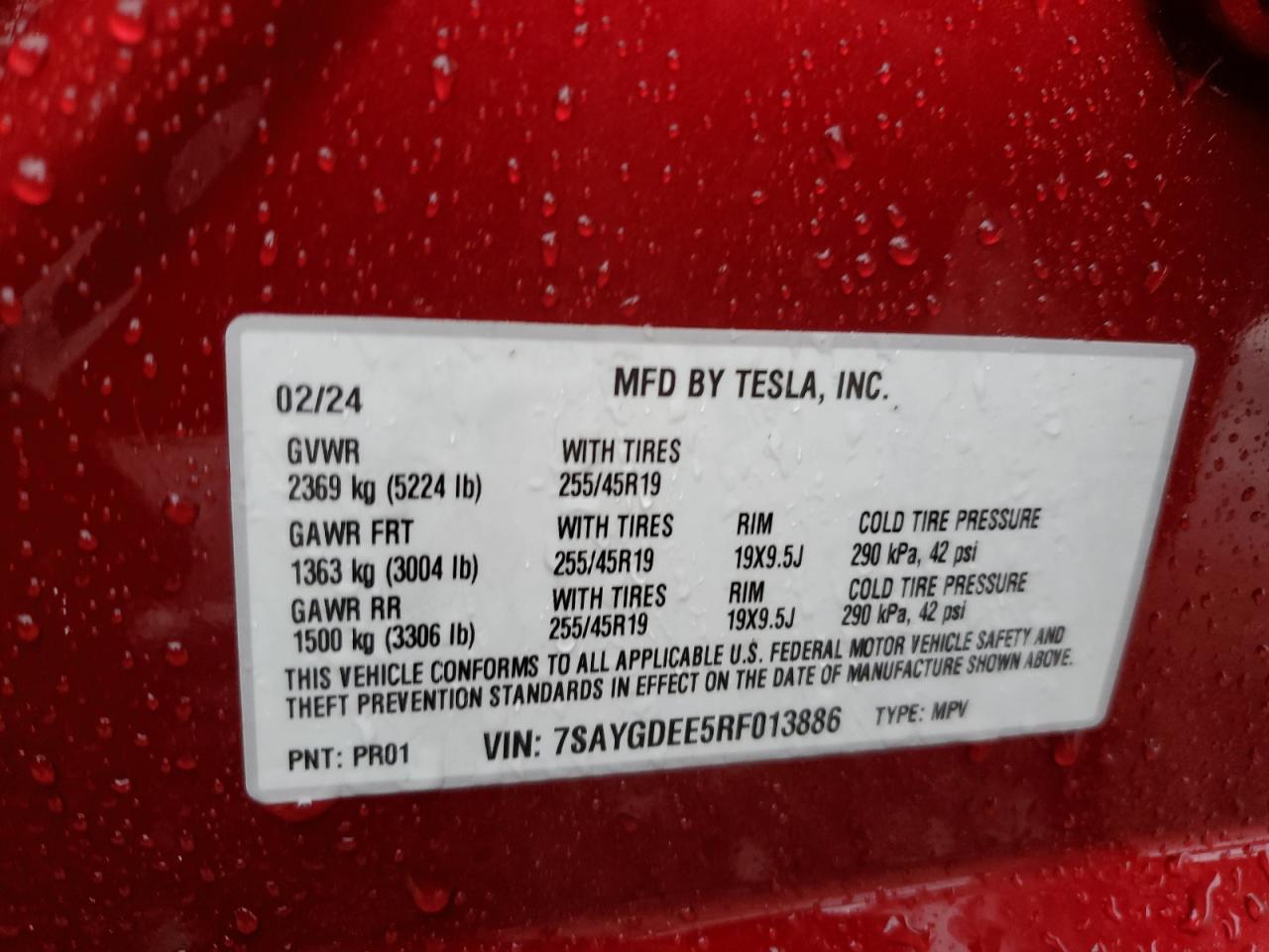 2024 TESLA MODEL Y VIN:7SAYGDEE5RF013886