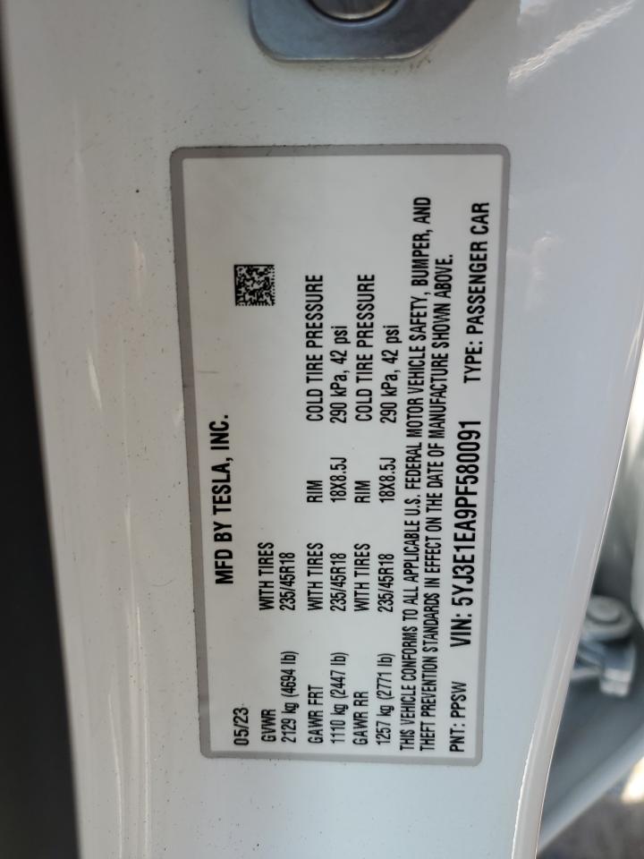 2023 TESLA MODEL 3 VIN:5YJ3E1EA9PF580091