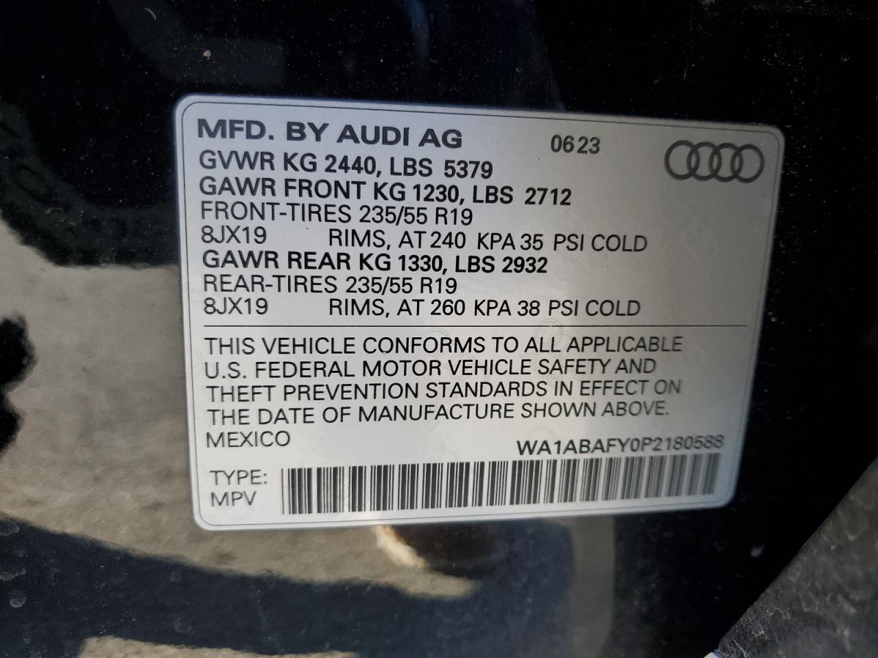 2023 AUDI Q5 PREMIUM 40 VIN:WA1ABAFY0P2180588