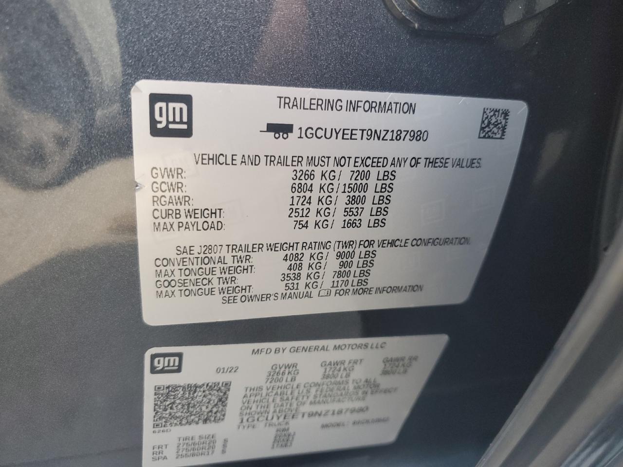 2022 CHEVROLET SILVERADO LTD K1500 RST VIN:1GCUYEET9NZ187980