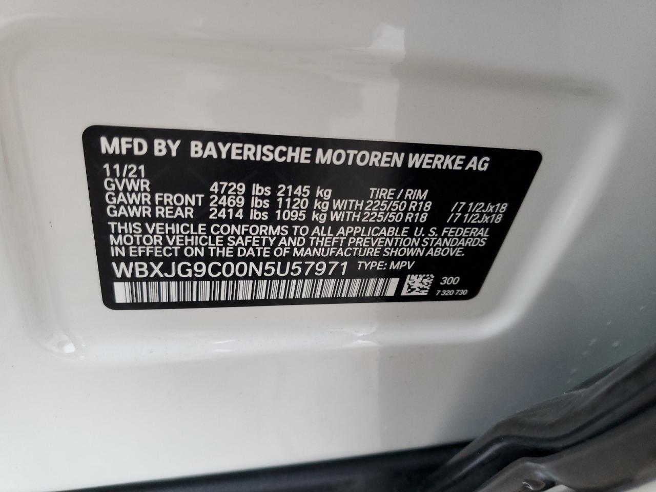 2022 BMW X1 XDRIVE28I VIN:WBXJG9C00N5U57971