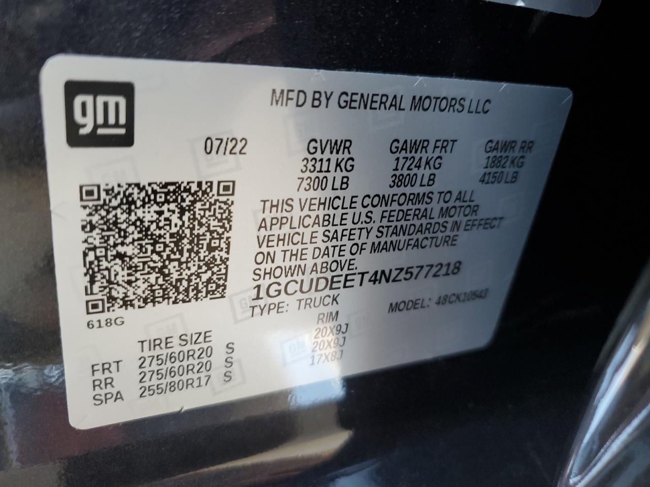 2022 CHEVROLET SILVERADO K1500 RST VIN:1GCUDEET4NZ577218