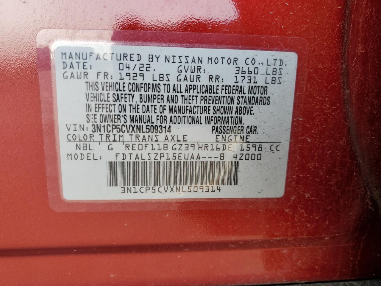 2022 NISSAN KICKS SV VIN:3N1CP5CVXNL509314