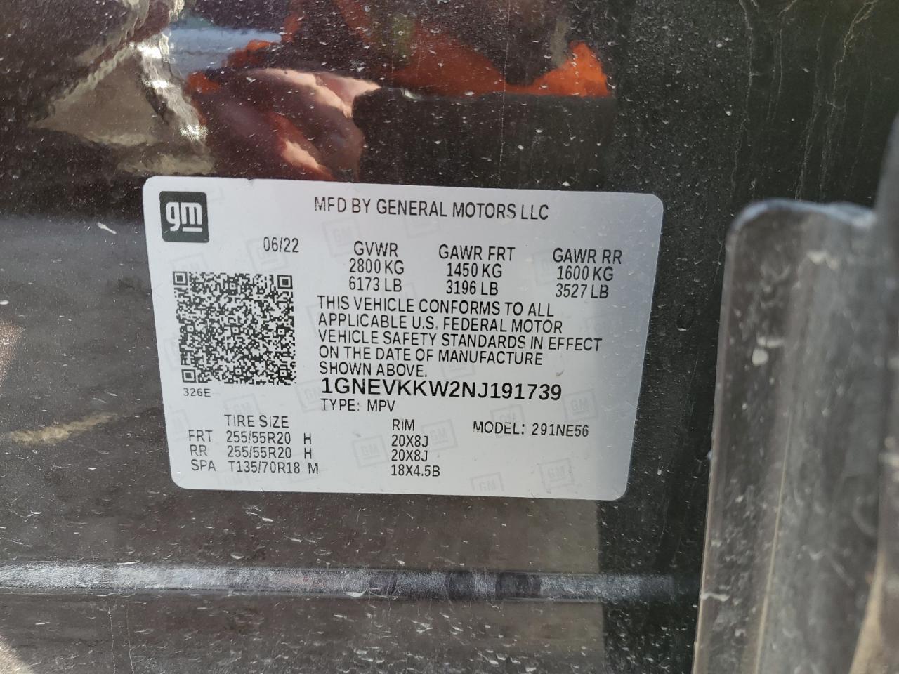 2022 CHEVROLET TRAVERSE PREMIER VIN:1GNEVKKW2NJ191739