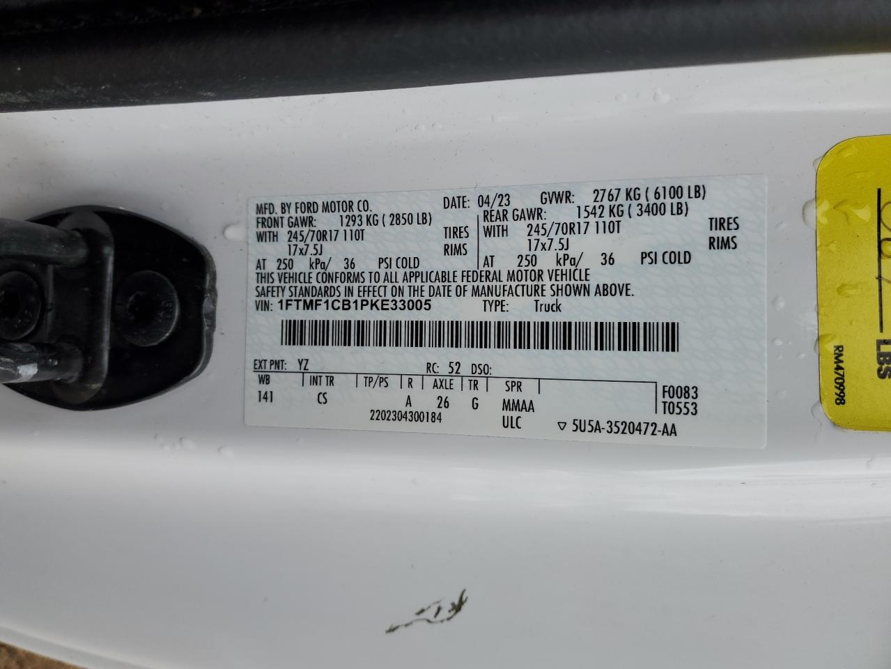 2023 FORD F150 VIN:1FTMF1CB1PKE33005