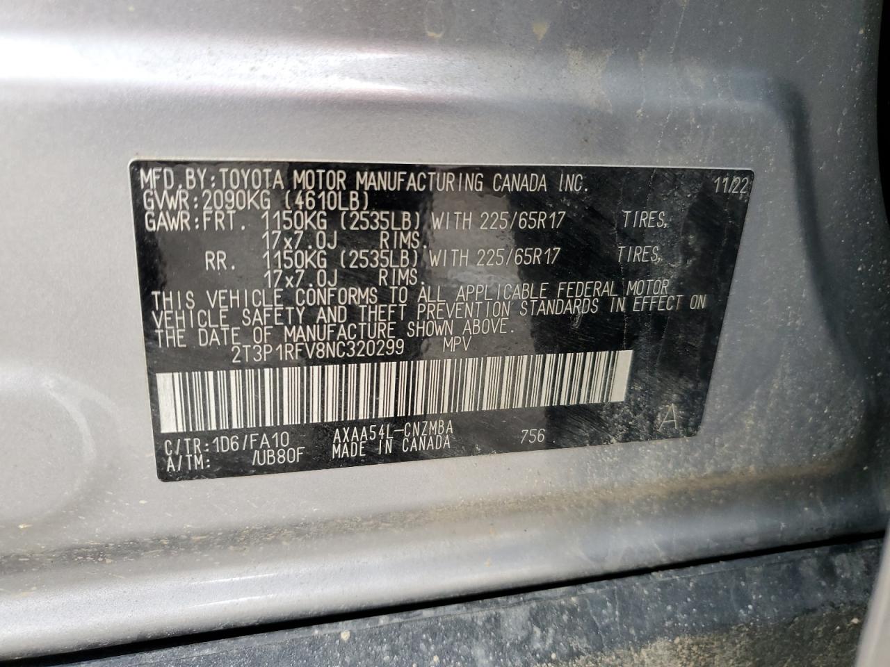 2022 TOYOTA RAV4 XLE VIN:2T3P1RFV8NC320299