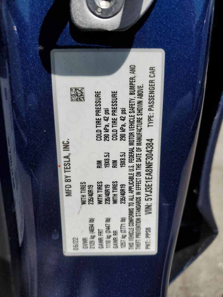 2022 TESLA MODEL 3 VIN:5YJ3E1EA8NF304384