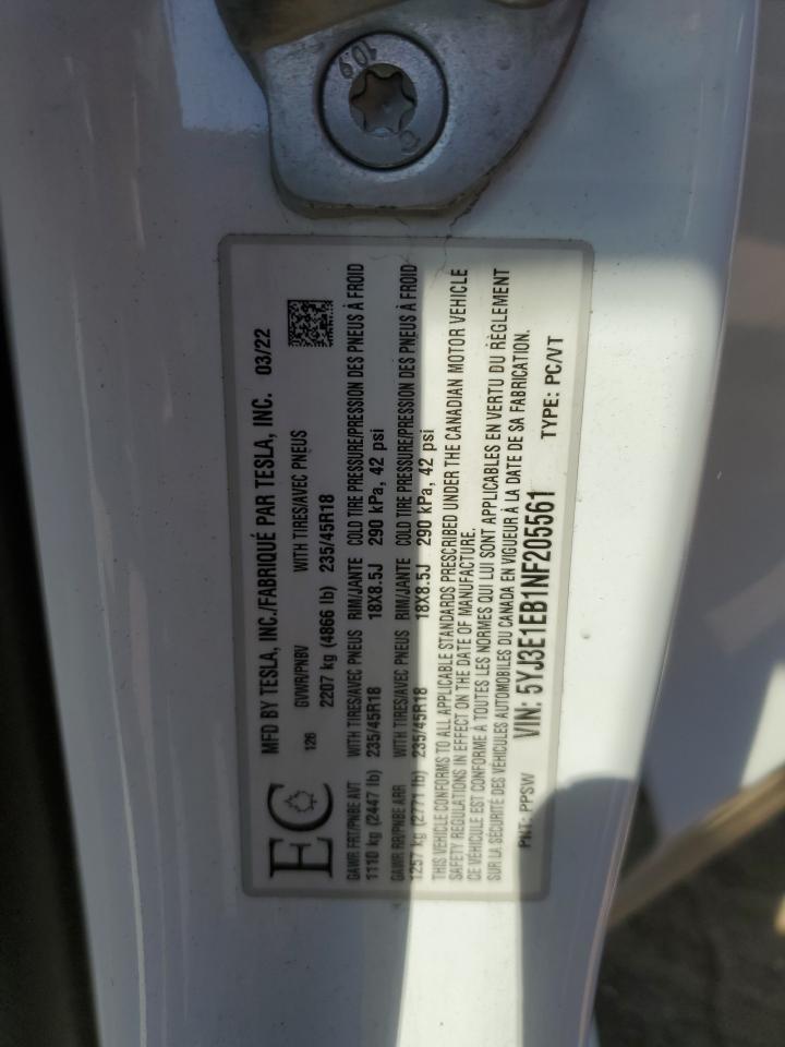 2022 TESLA MODEL 3 VIN:5YJ3E1EB1NF205561