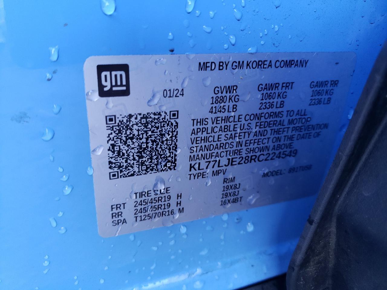 2024 CHEVROLET TRAX 2RS VIN:KL77LJE28RC224549