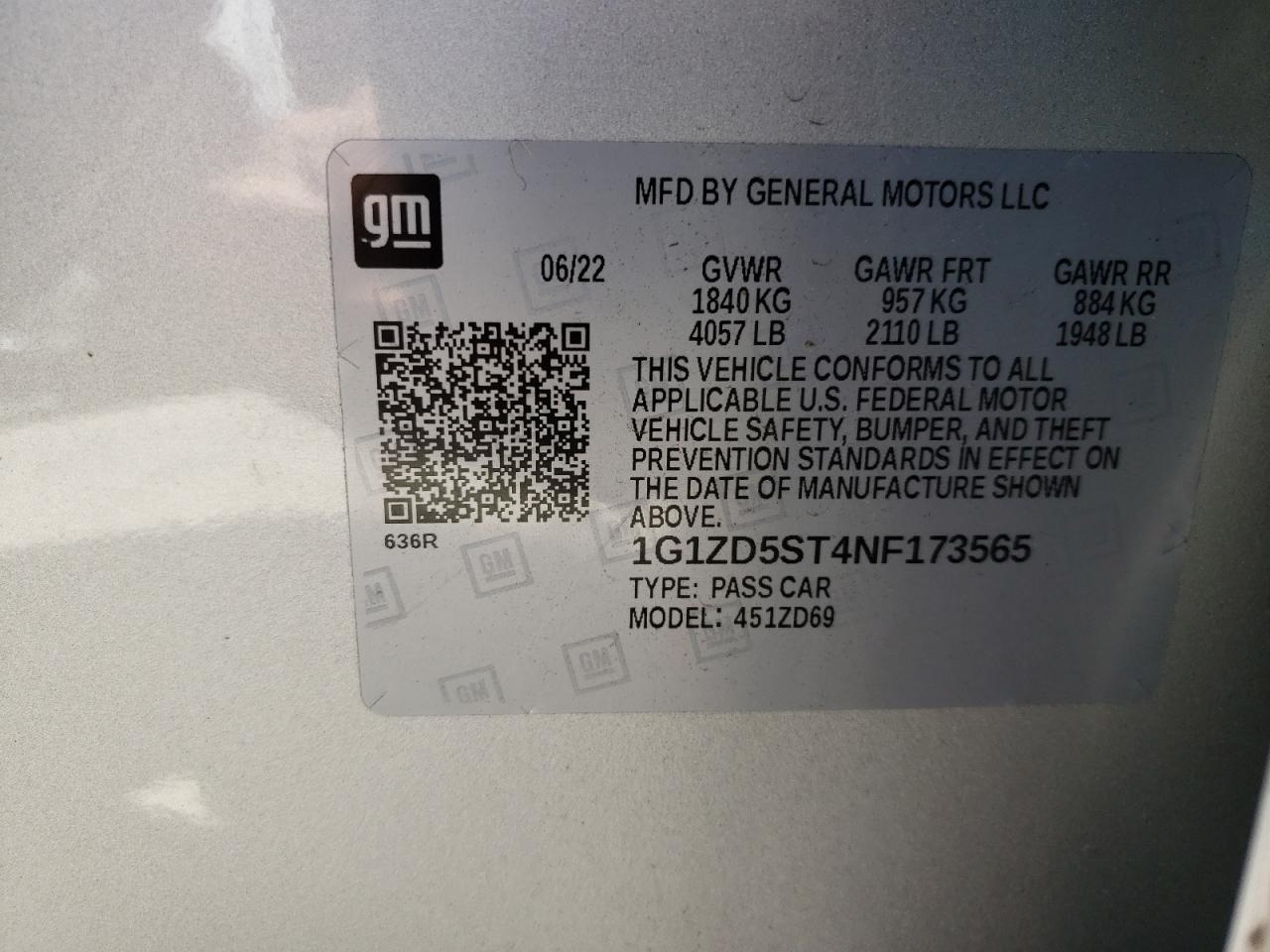 2022 CHEVROLET MALIBU LT VIN:1G1ZD5ST4NF173565