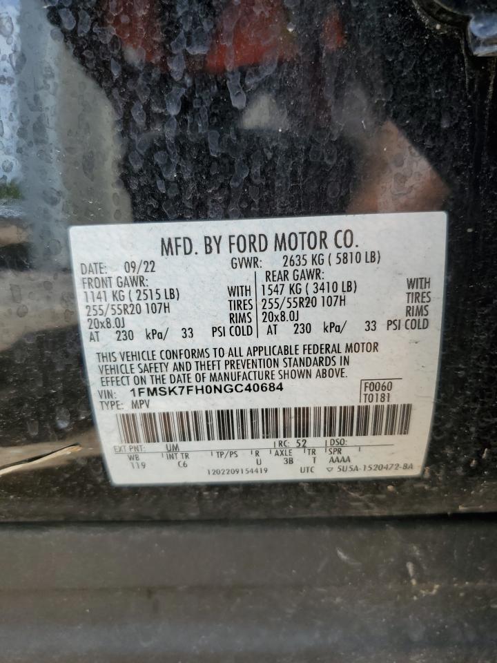 2022 FORD EXPLORER LIMITED VIN:1FMSK7FH0NGC40684