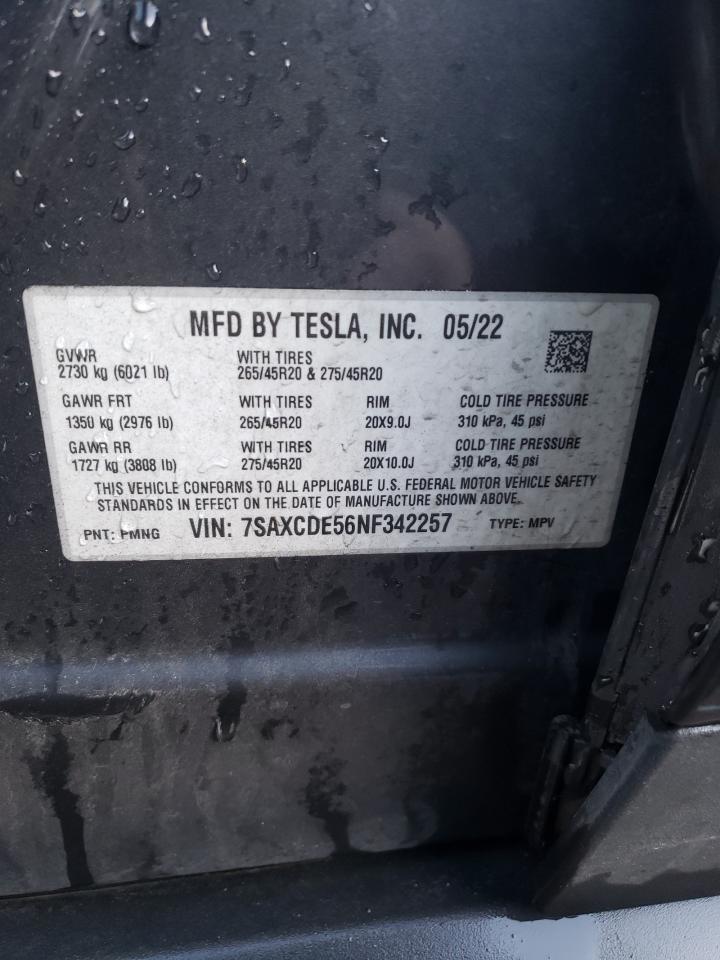 2022 TESLA MODEL X VIN:7SAXCDE56NF342257