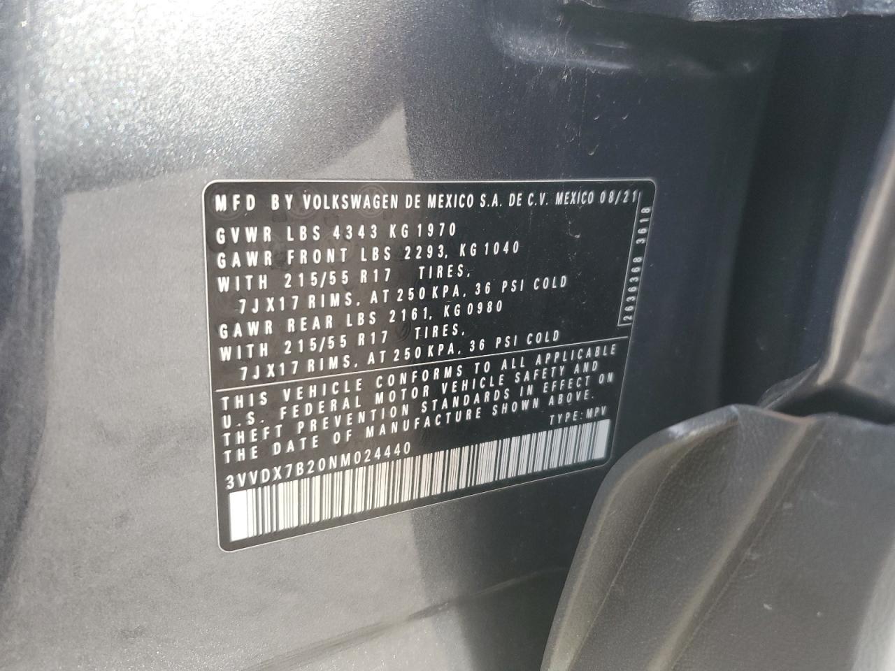 2022 VOLKSWAGEN TAOS S VIN:3VVDX7B20NM024440