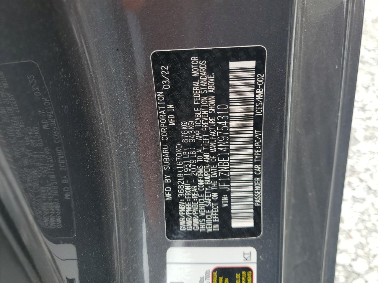 2022 TOYOTA GR 86 PREMIUM VIN:JF1ZNBE14N9754310