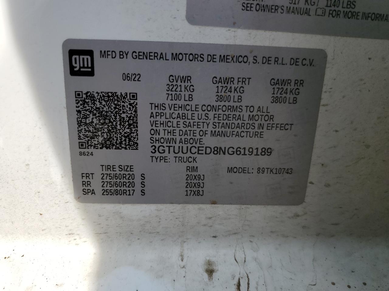 2022 GMC SIERRA K1500 ELEVATION VIN:3GTUUCED8NG619189