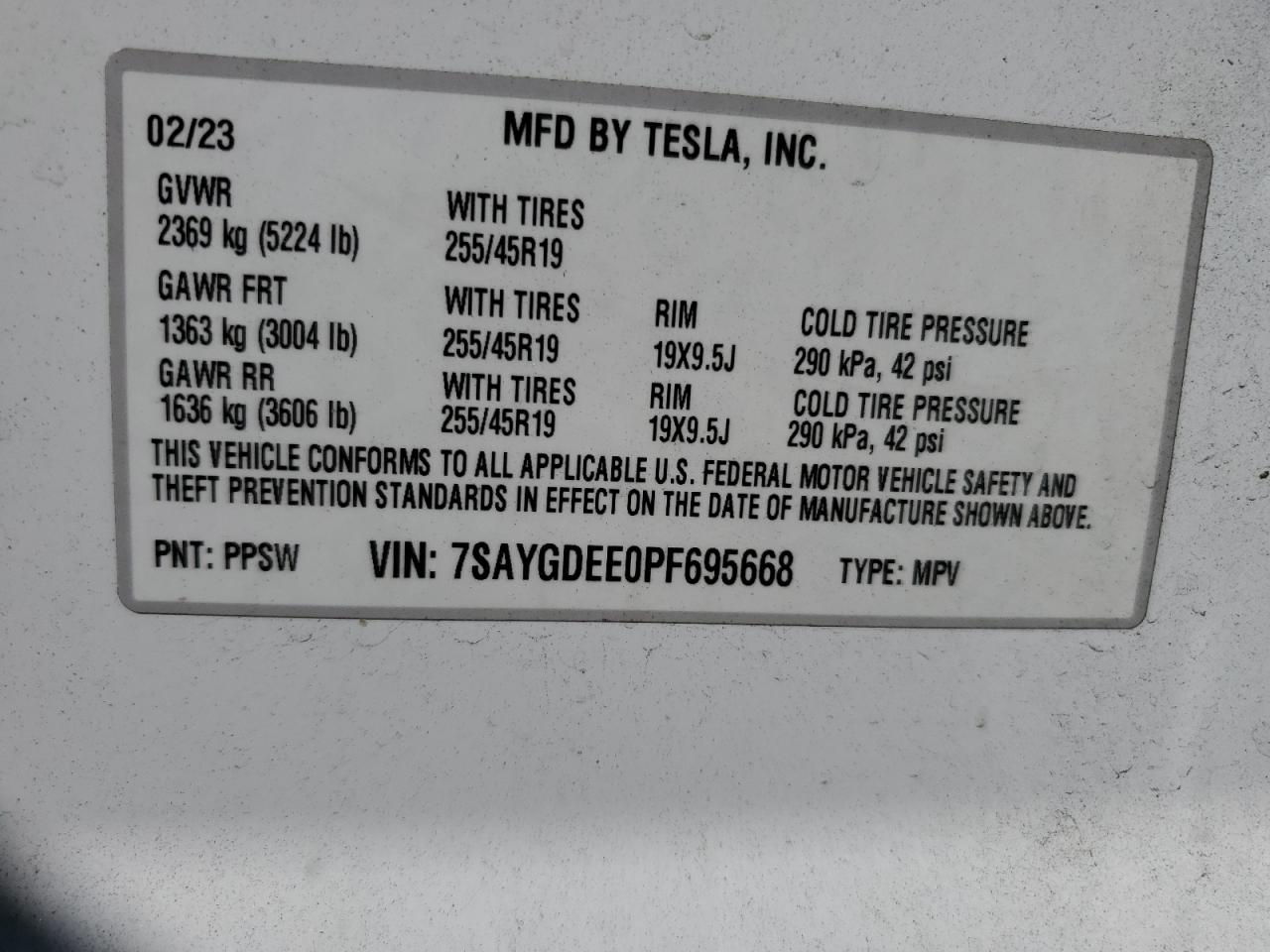 2023 TESLA MODEL Y VIN:7SAYGDEE0PF695668