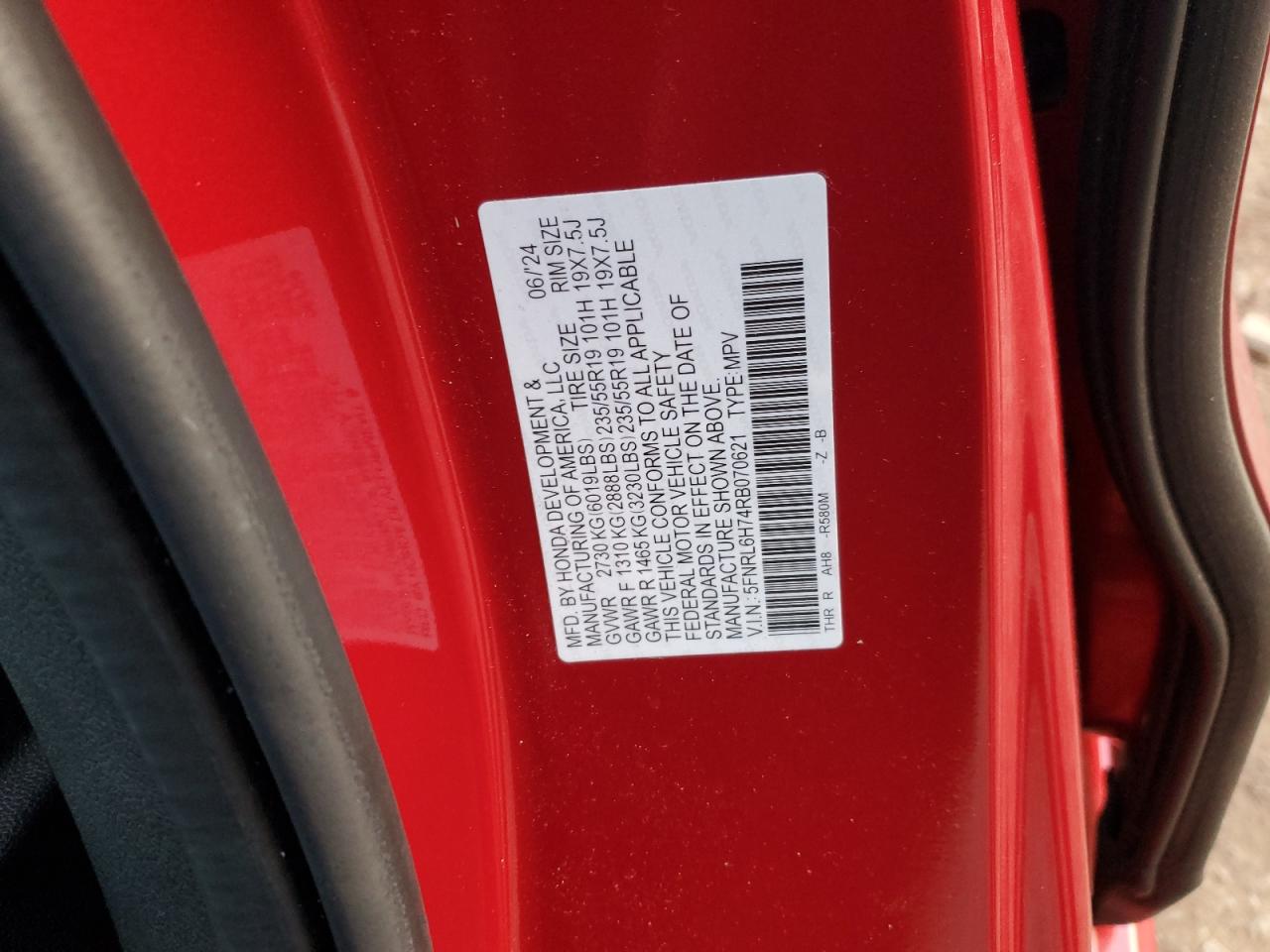 2024 HONDA ODYSSEY SPORT VIN:5FNRL6H74RB070621