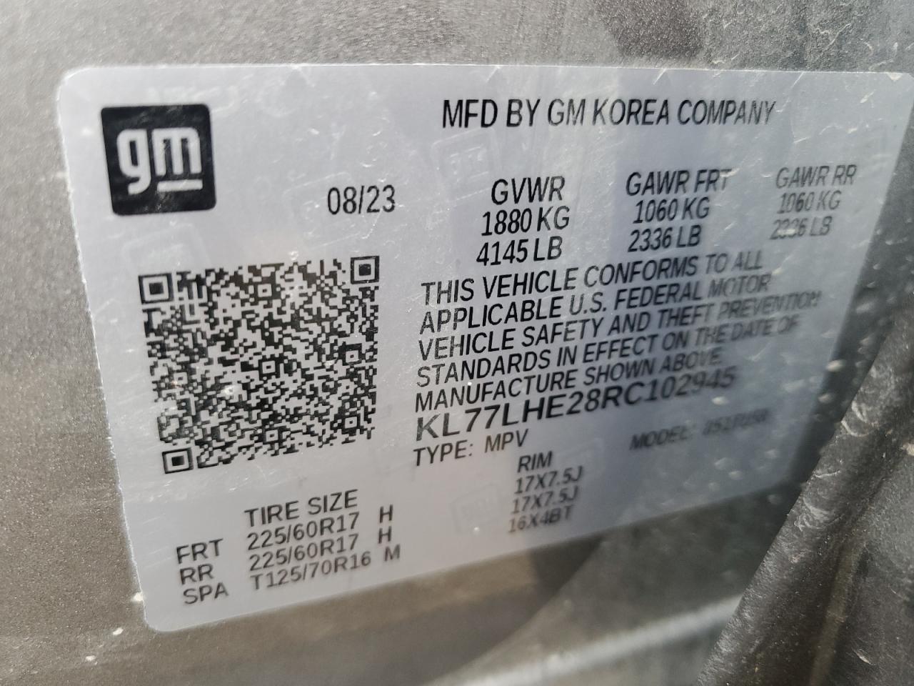 2024 CHEVROLET TRAX 1LT VIN:KL77LHE28RC102945