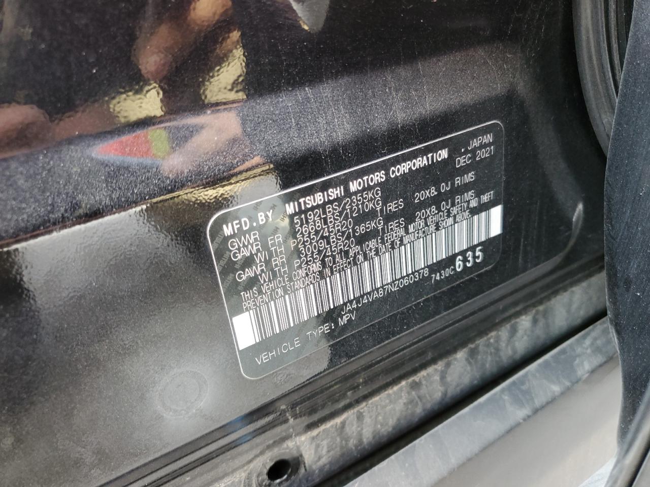 2022 MITSUBISHI OUTLANDER SEL VIN:JA4J4VA87NZ060378