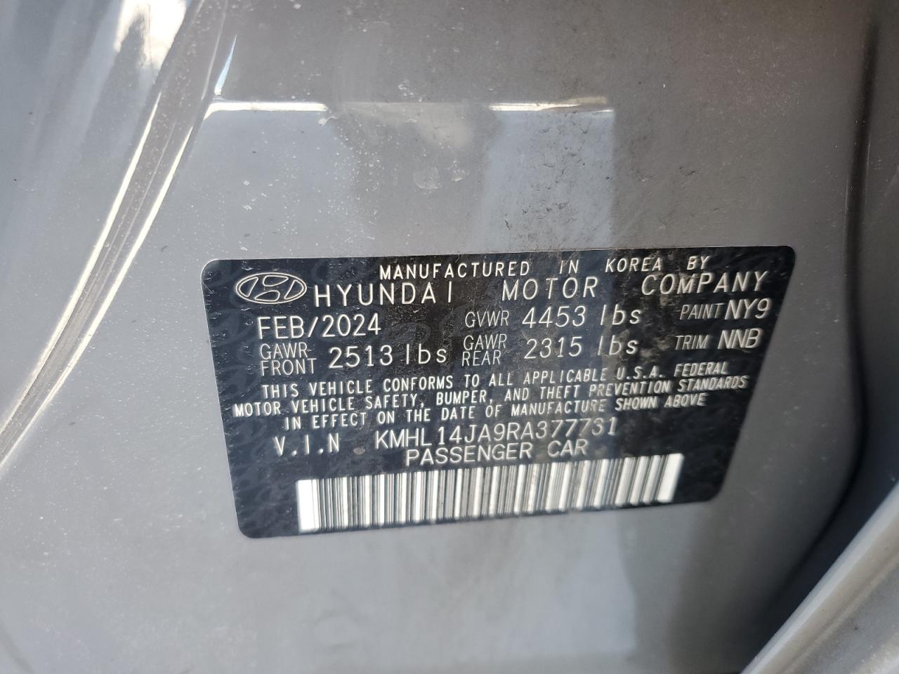 2024 HYUNDAI SONATA SEL VIN:KMHL14JA9RA377731
