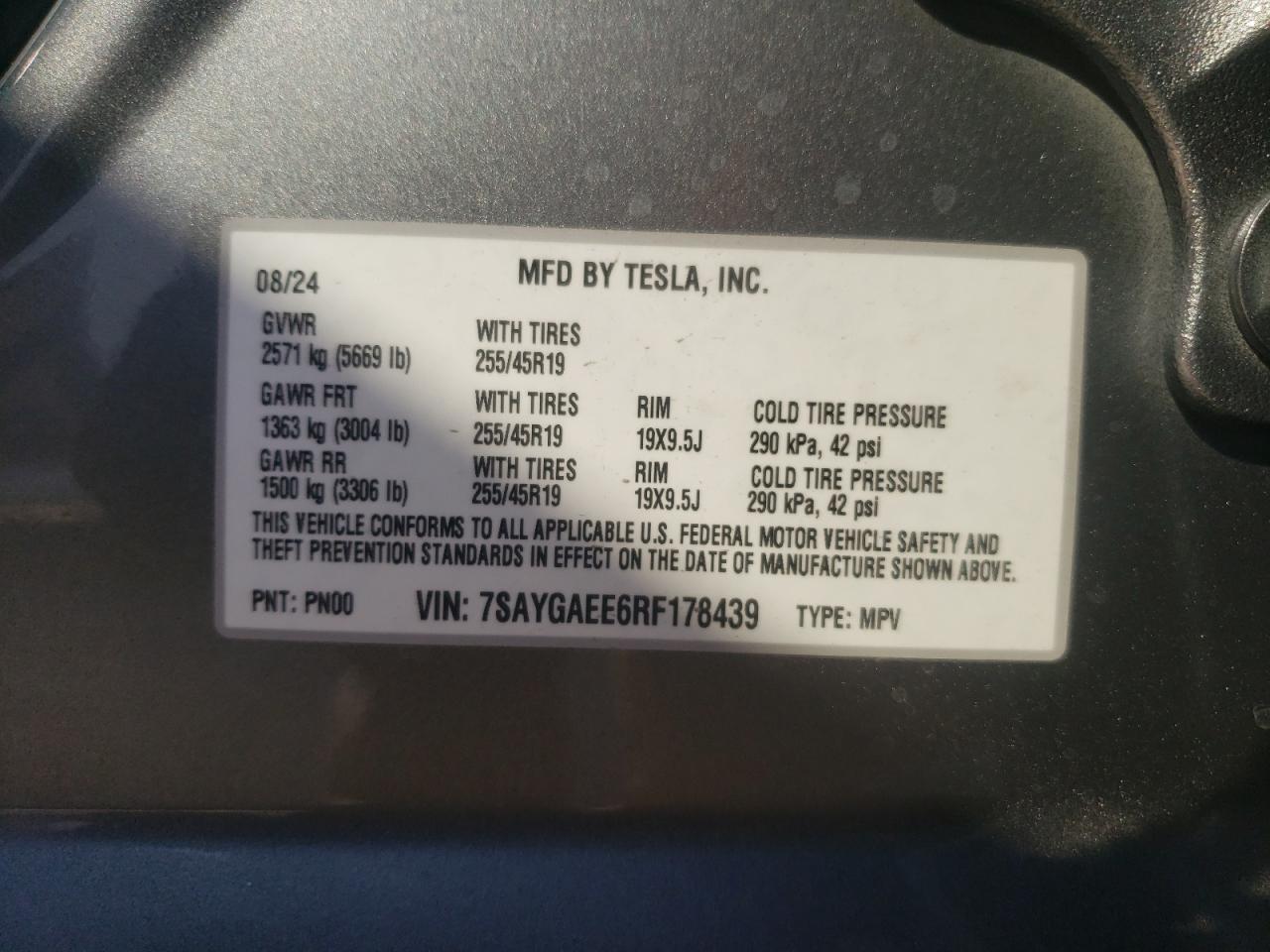 2024 TESLA MODEL Y VIN:7SAYGAEE6RF178439