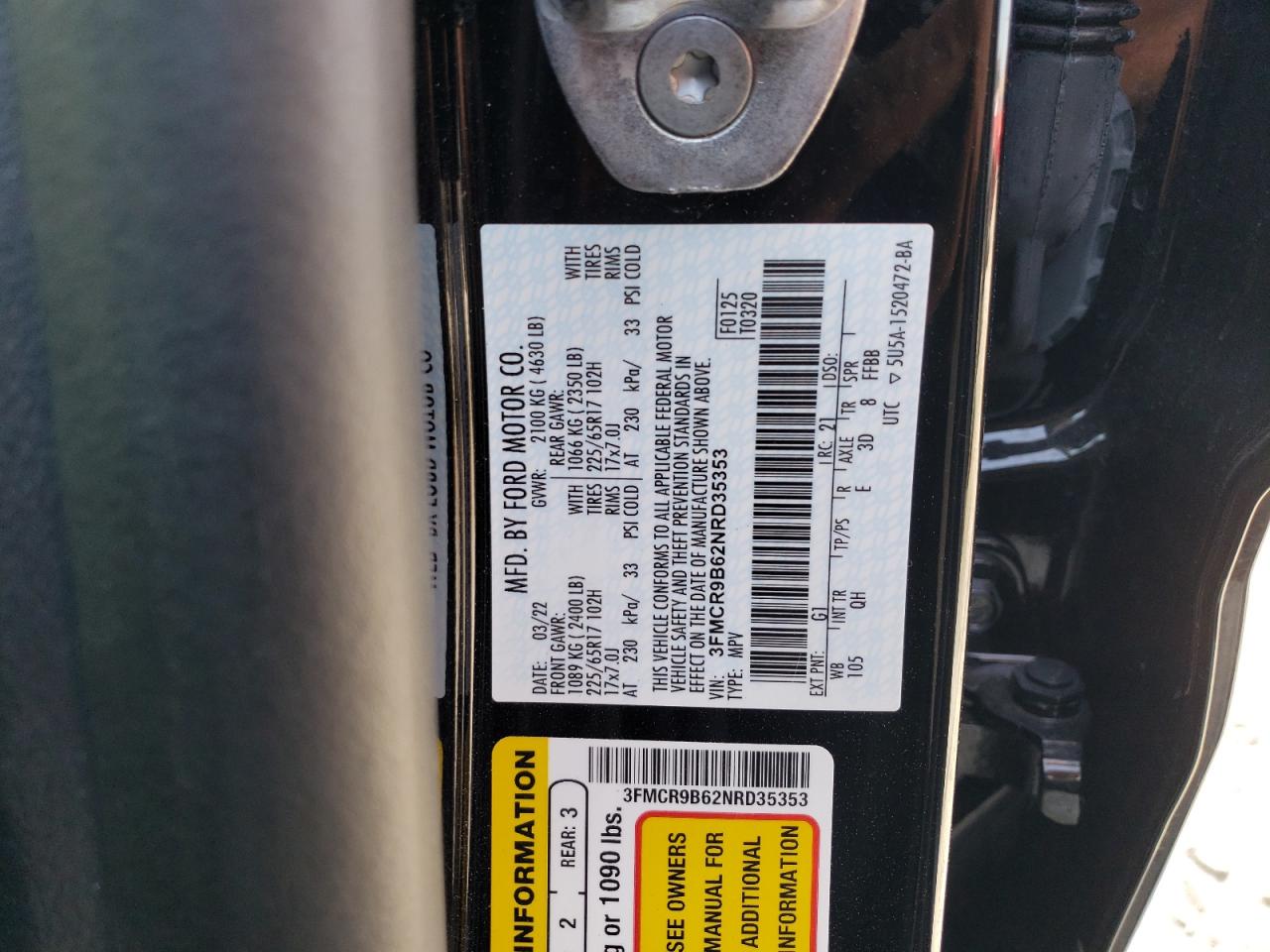 2022 FORD BRONCO SPORT BIG BEND VIN:3FMCR9B62NRD35353