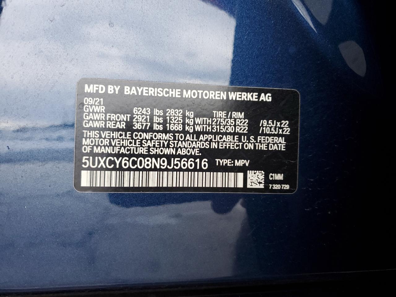 2022 BMW X6 XDRIVE40I VIN:5UXCY6C08N9J56616