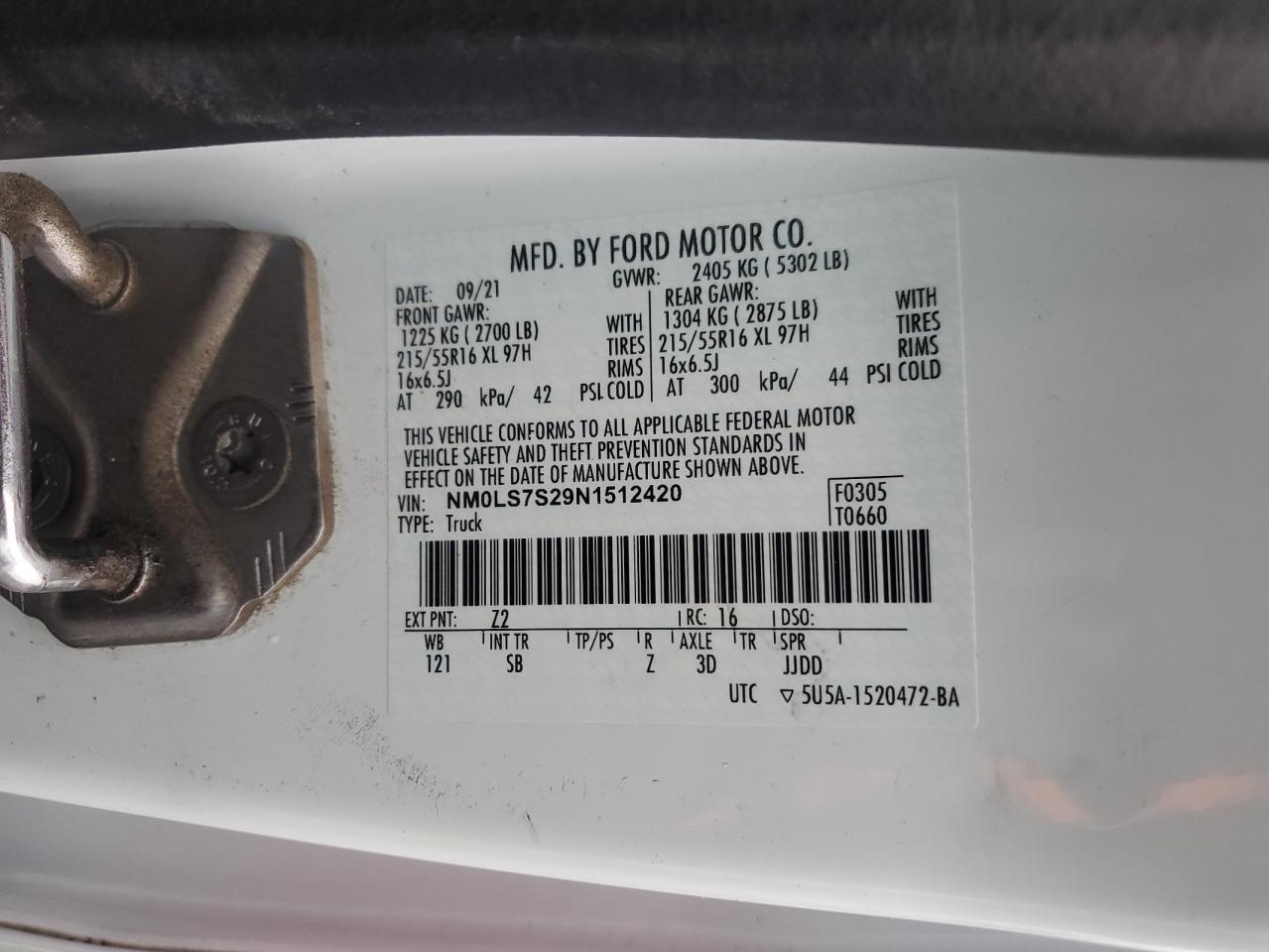 2022 FORD TRANSIT CONNECT XL VIN:NM0LS7S29N1512420