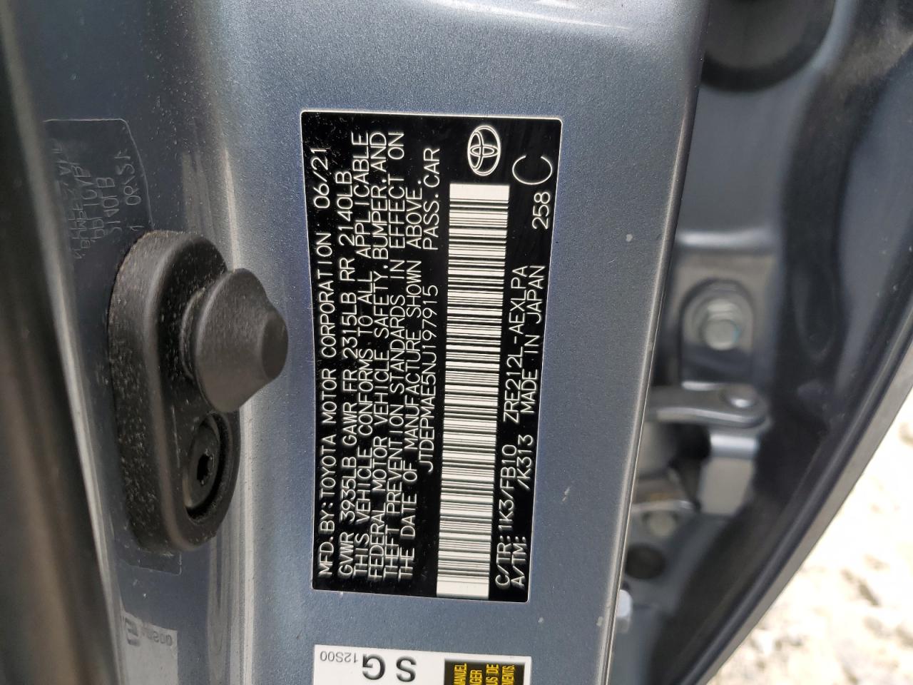 2022 TOYOTA COROLLA LE VIN:JTDEPMAE5NJ197915