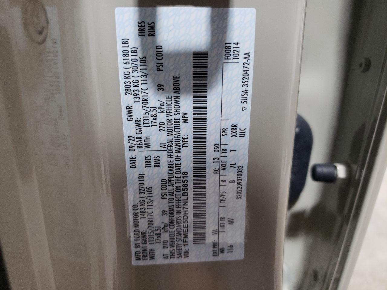 2022 FORD BRONCO BASE VIN:1FMEE5DH7NLB58518