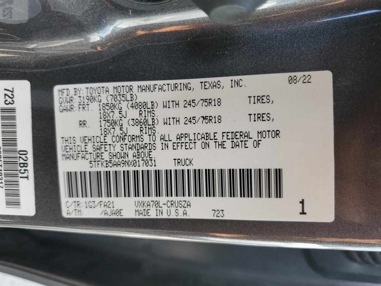 2022 TOYOTA TUNDRA DOUBLE CAB SR VIN:5TFKB5AA9NX017031