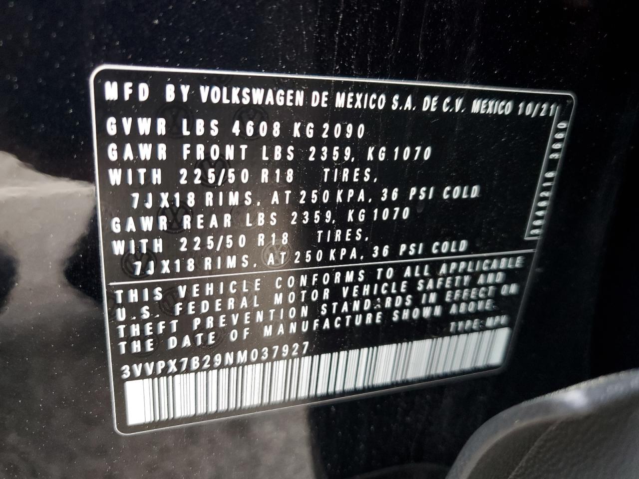 2022 VOLKSWAGEN TAOS SE IQ DRIVE VIN:3VVPX7B29NM037927