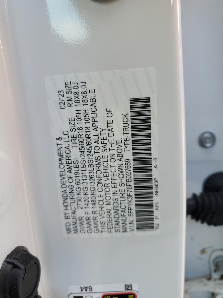 2023 HONDA RIDGELINE RTL-E VIN:5FPYK3F76PB027659