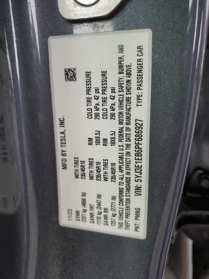 2023 TESLA MODEL 3 VIN:5YJ3E1EB6PF686927