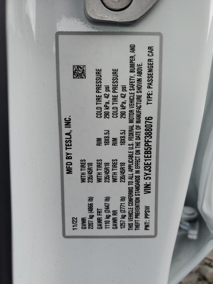 2023 TESLA MODEL 3 VIN:5YJ3E1EB5PF388076