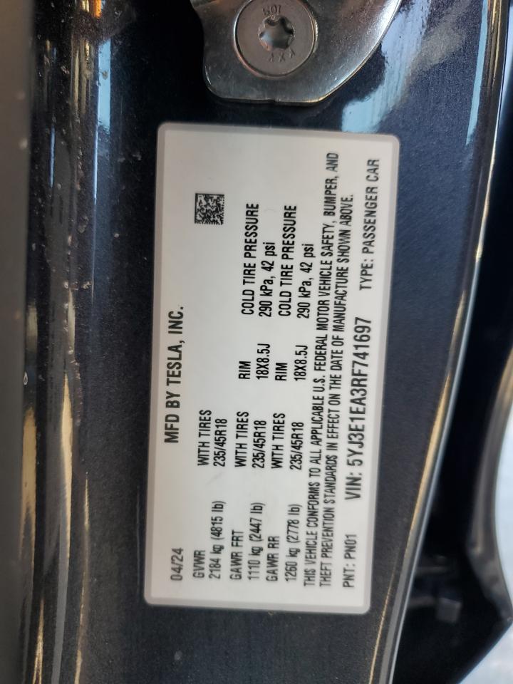 2024 TESLA MODEL 3 VIN:5YJ3E1EA3RF741697