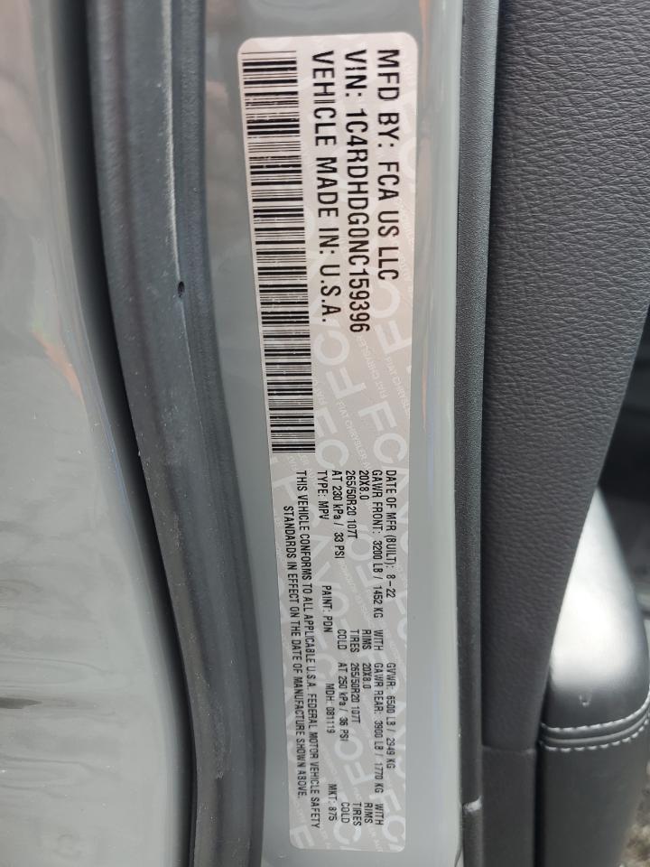 2022 DODGE DURANGO GT VIN:1C4RDHDG0NC159396