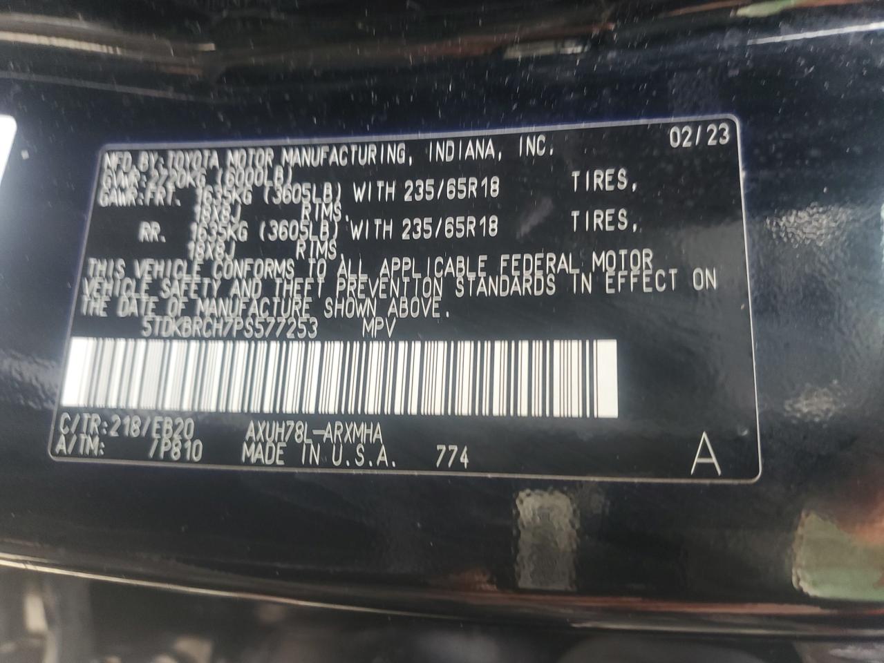 2023 TOYOTA HIGHLANDER HYBRID XLE VIN:5TDKBRCH7PS577253