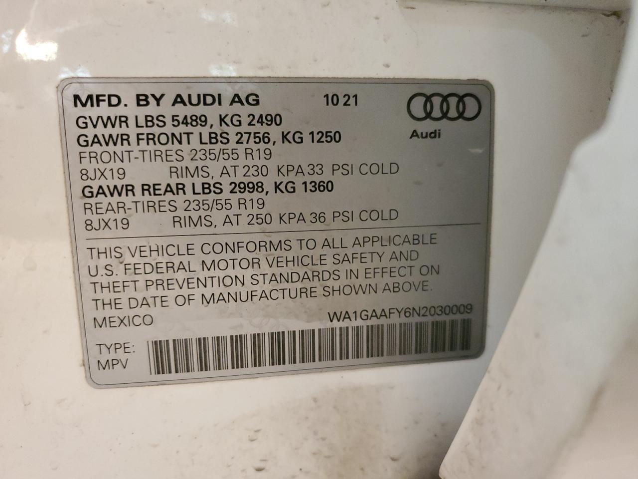 2022 AUDI Q5 PREMIUM 45 VIN:WA1GAAFY6N2030009