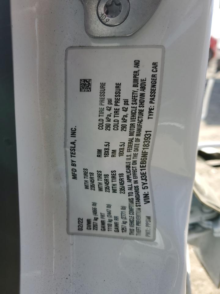 2022 TESLA MODEL 3 VIN:5YJ3E1EB6NF183931