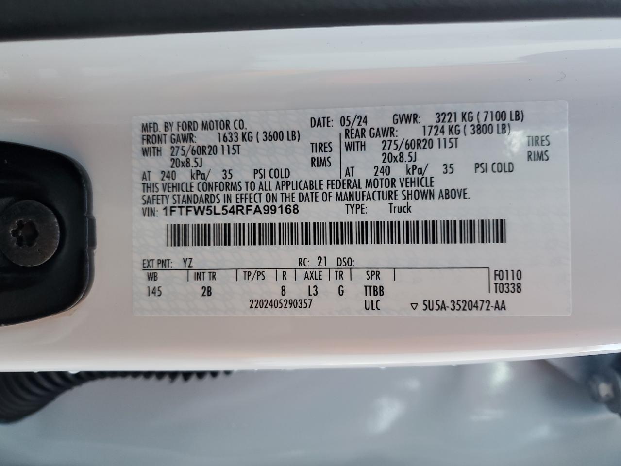 2024 FORD F150 LARIAT VIN:1FTFW5L54RFA99168