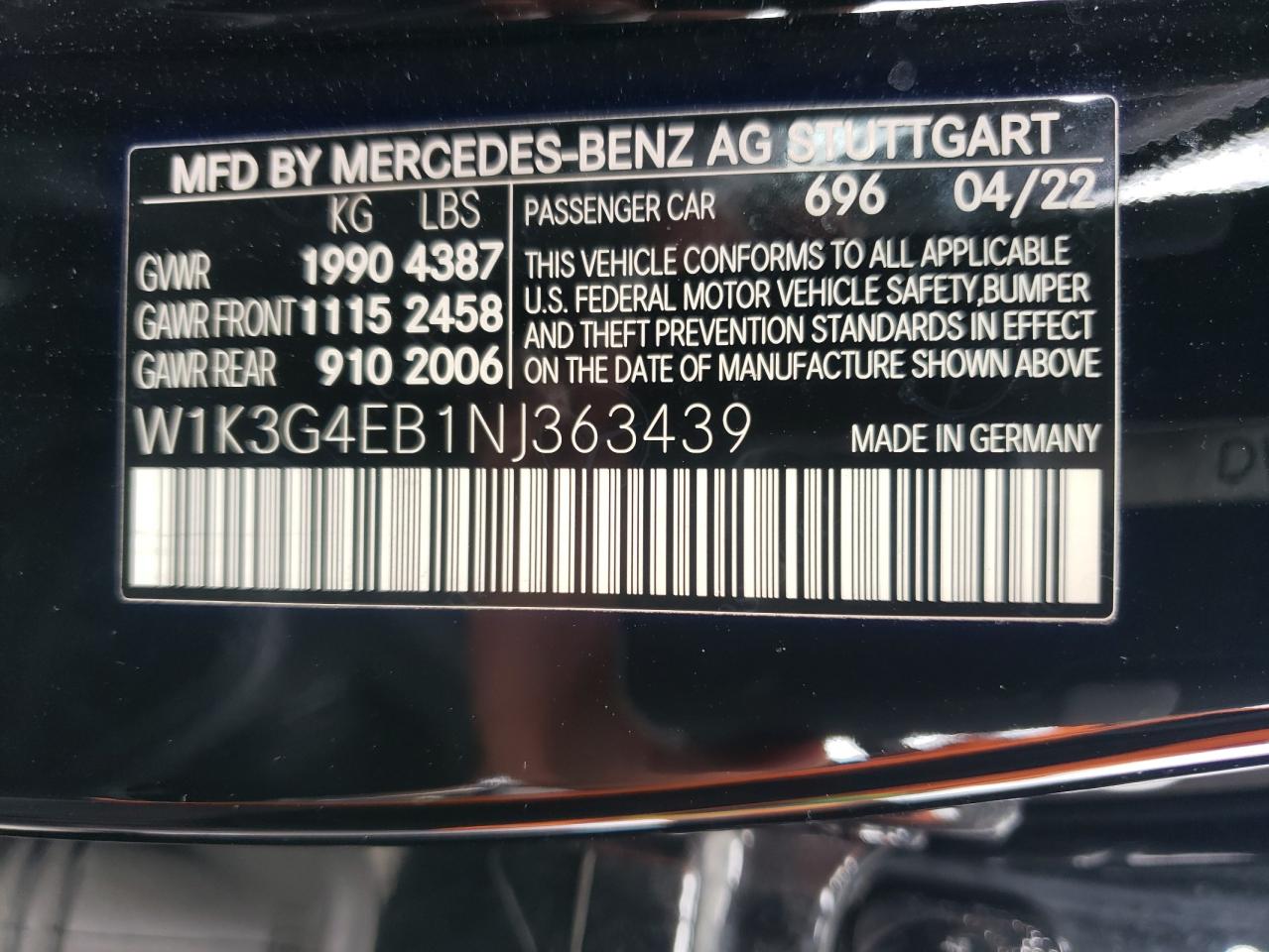 2022 MERCEDES-BENZ A 220 VIN:W1K3G4EB1NJ363439