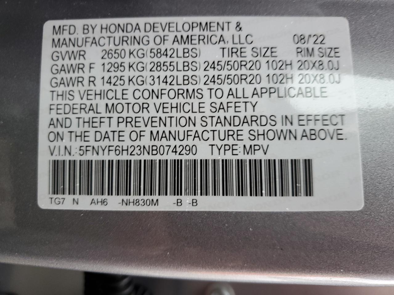 2022 HONDA PILOT SE VIN:5FNYF6H23NB074290